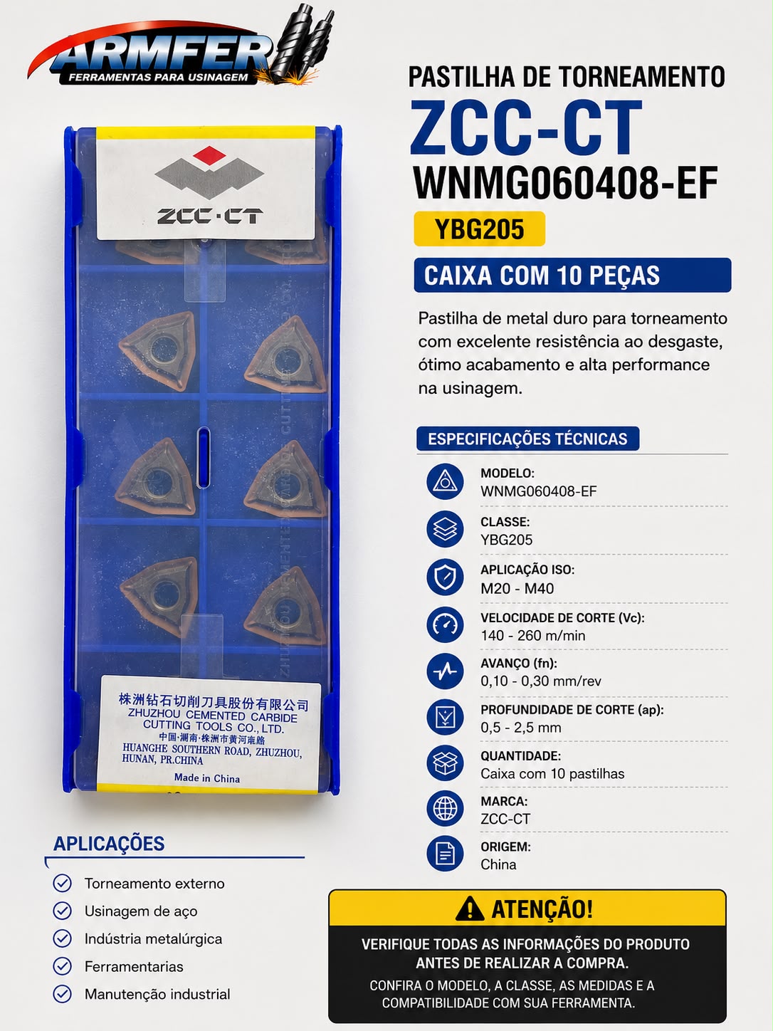 Pastilha de Torneamento ZCC-CT WNMG060408-EF Pastilha de Torneamento ZCC-CT WNMG060408-EF