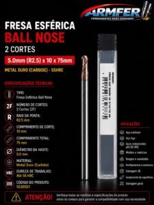 Fresa Esférica Metal Duro 2 Cortes 5mm x 10 x 75 55HRC