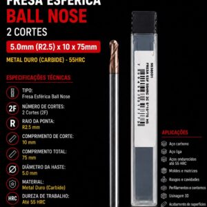fresa esférica (ball nose) metal duro 2 cortes 5x10x75mm 55hrc ss305d1