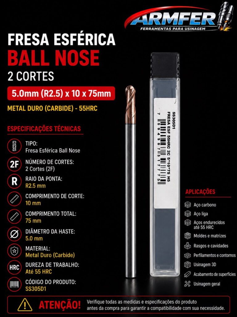 fresa esférica (ball nose) metal duro 2 cortes 5x10x75mm 55hrc ss305d1