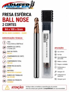 Fresa Esférica Metal Duro 2 Cortes 8mm x 100 55HRC