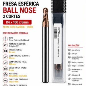 fresa esférica (ball nose) r4mm 2 cortes metal duro 55hrc haste 8mm 100mm