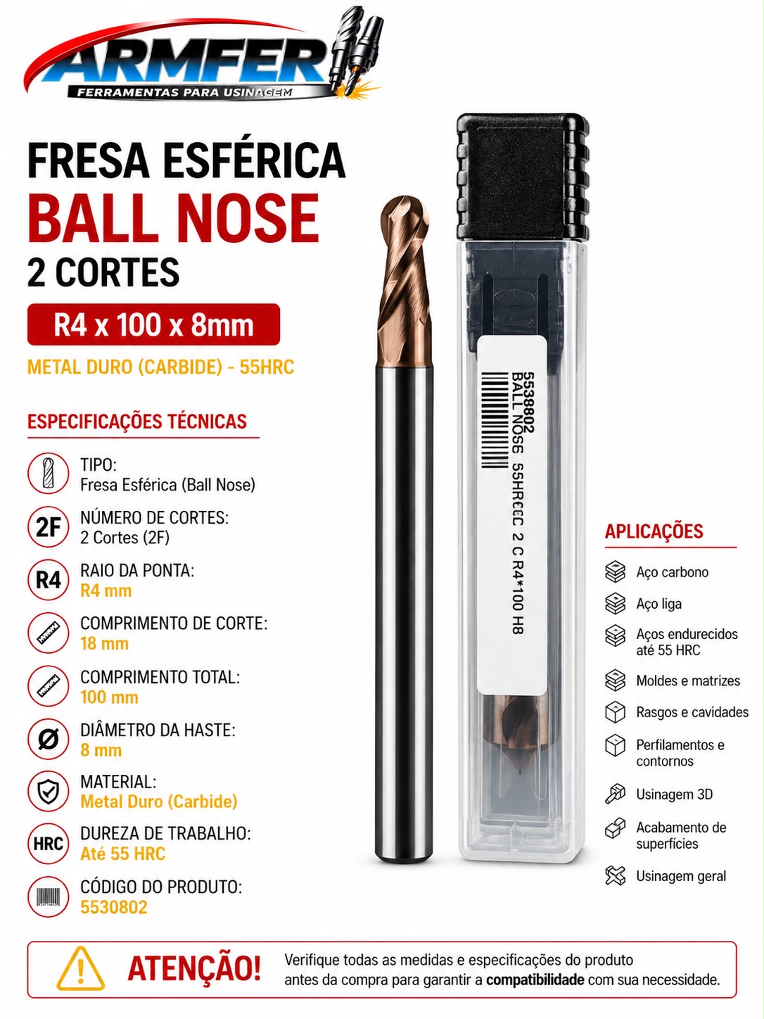 fresa esférica (ball nose) r4mm 2 cortes metal duro 55hrc haste 8mm 100mm fresa esférica (ball nose) r4mm 2 cortes metal duro 55hrc haste 8mm 100mm