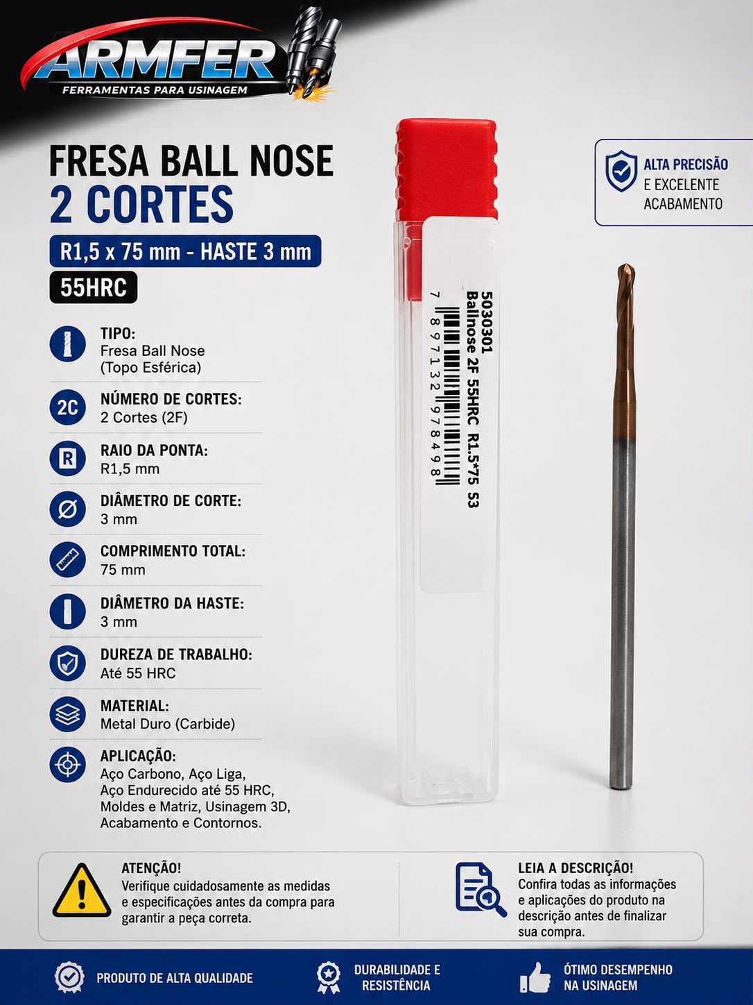 fresa topo esférica ball nose 2 cortes r1,5 x 75mm haste 3mm 55hrc metal duro fresa topo esférica ball nose 2 cortes r1,5 x 75mm haste 3mm 55hrc metal duro