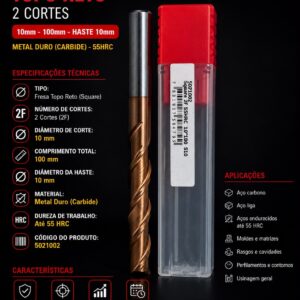 fresa topo reto 2 cortes 10mm metal duro 55hrc haste 10mm comprimento 100mm
