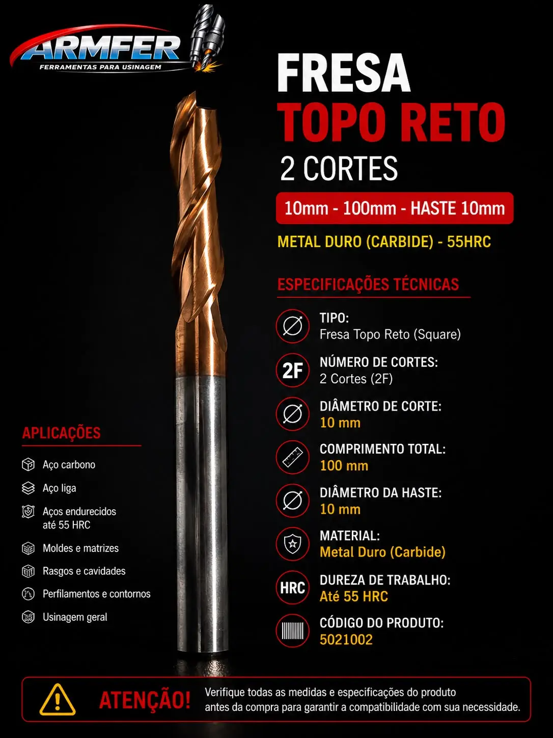 fresa topo reto 2 cortes 10mm metal duro 55hrc haste 10mm comprimento 100mm fresa topo reto 2 cortes 10mm metal duro 55hrc haste 10mm comprimento 100mm