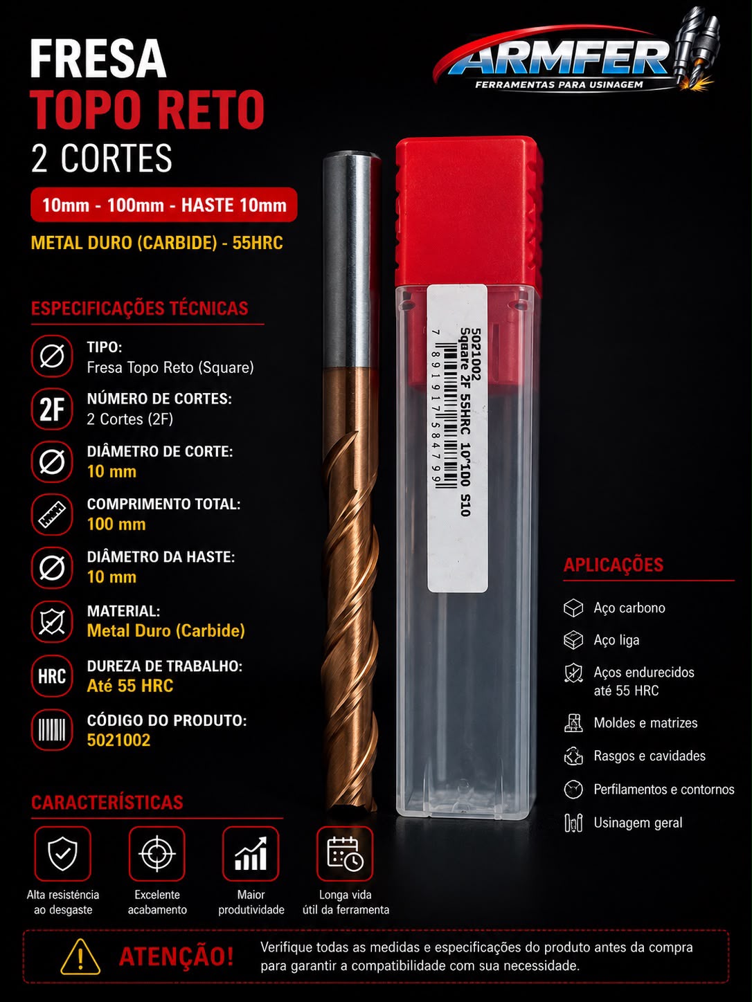 fresa topo reto 2 cortes 10mm metal duro 55hrc haste 10mm comprimento 100mm fresa topo reto 2 cortes 10mm metal duro 55hrc haste 10mm comprimento 100mm