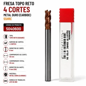 fresa topo reto (square) metal duro 4 cortes 6x50mm haste 6mm 55 hrc