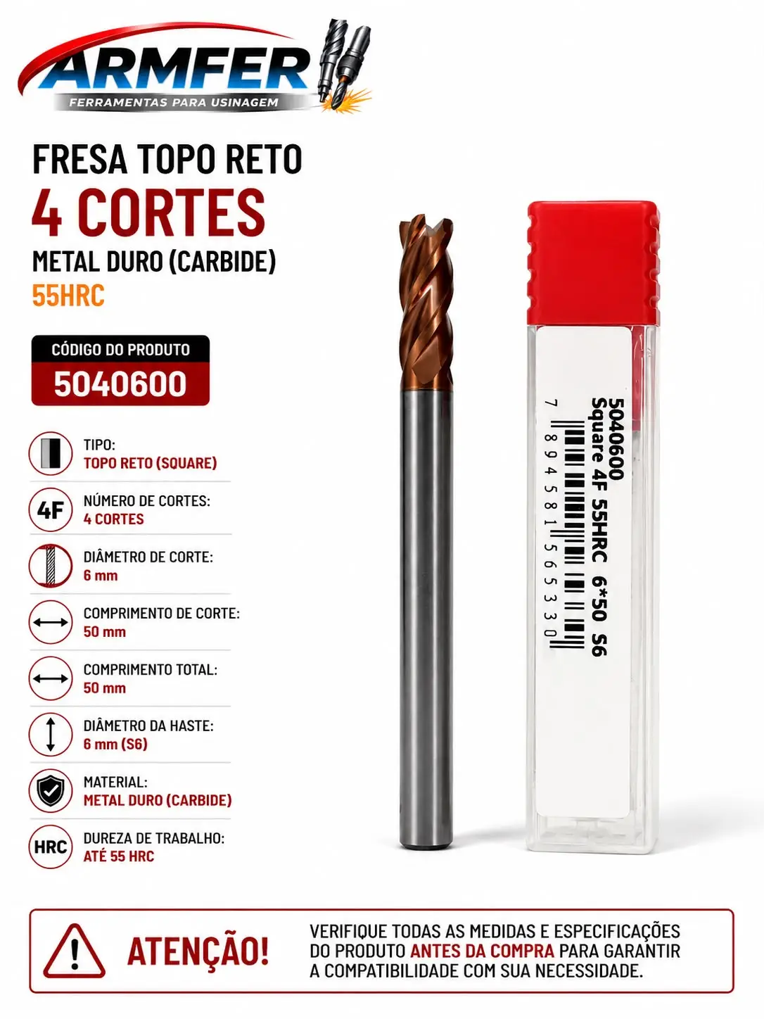 fresa topo reto (square) metal duro 4 cortes 6x50mm haste 6mm 55 hrc fresa topo reto (square) metal duro 4 cortes 6x50mm haste 6mm 55 hrc