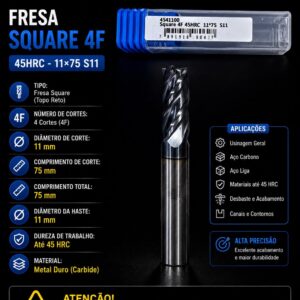 fresa topo reto (square) 4 cortes 11mm x 75mm haste 11mm metal duro 45 hrc