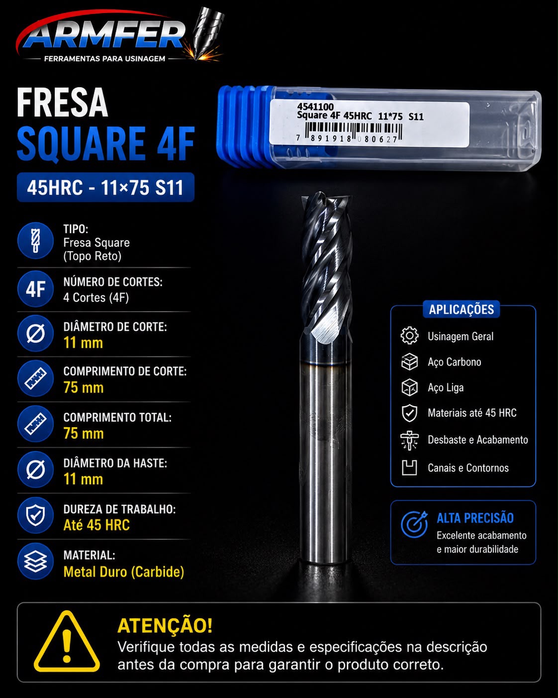 fresa topo reto (square) 4 cortes 11mm x 75mm haste 11mm metal duro 45 hrc fresa topo reto (square) 4 cortes 11mm x 75mm haste 11mm metal duro 45 hrc